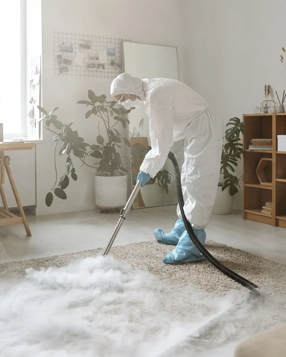 Carpet cleaner using a steam cleaning machine on a living room rug